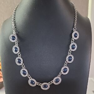Silver Toned Necklace with Dark Blue Cabochon And Crystal Accents